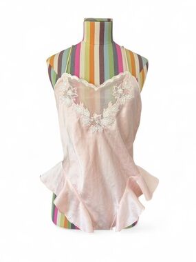 Vintage St Bernard Satin Teddy Romper Mesh Low Back Floral Appliqué